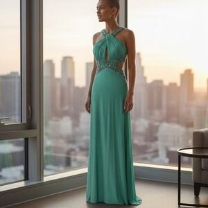 Betsy Adam Teal Halter Neck Beaded‎ Cutout Empire Waist Maxi Dress Size 6
